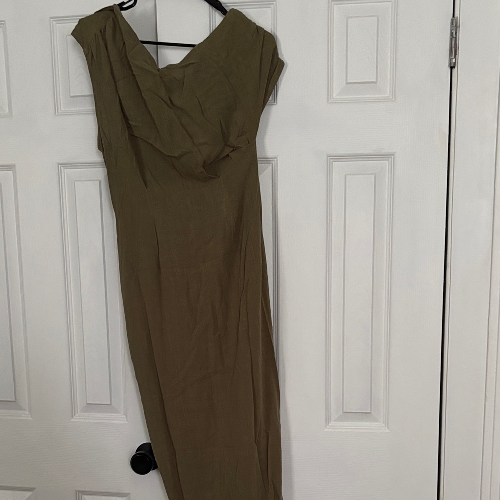 Olive Green One-Shoulder Linen Blend Midi Dress - Picture 6 of 6